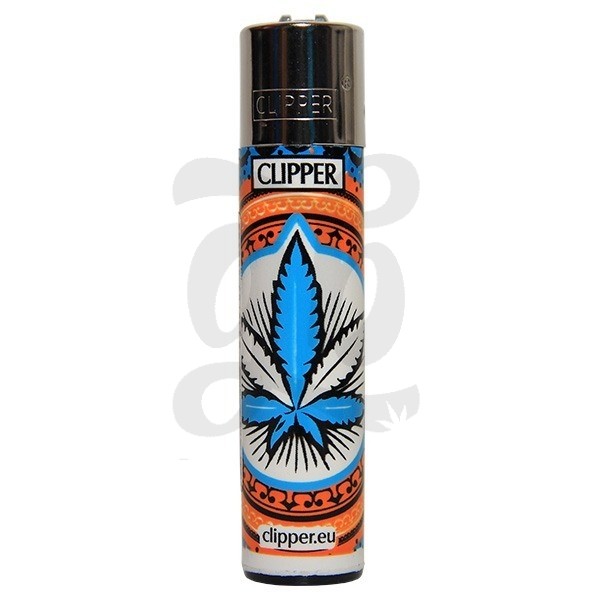 Encendedor Clipper hoja marihuana azul y blanca