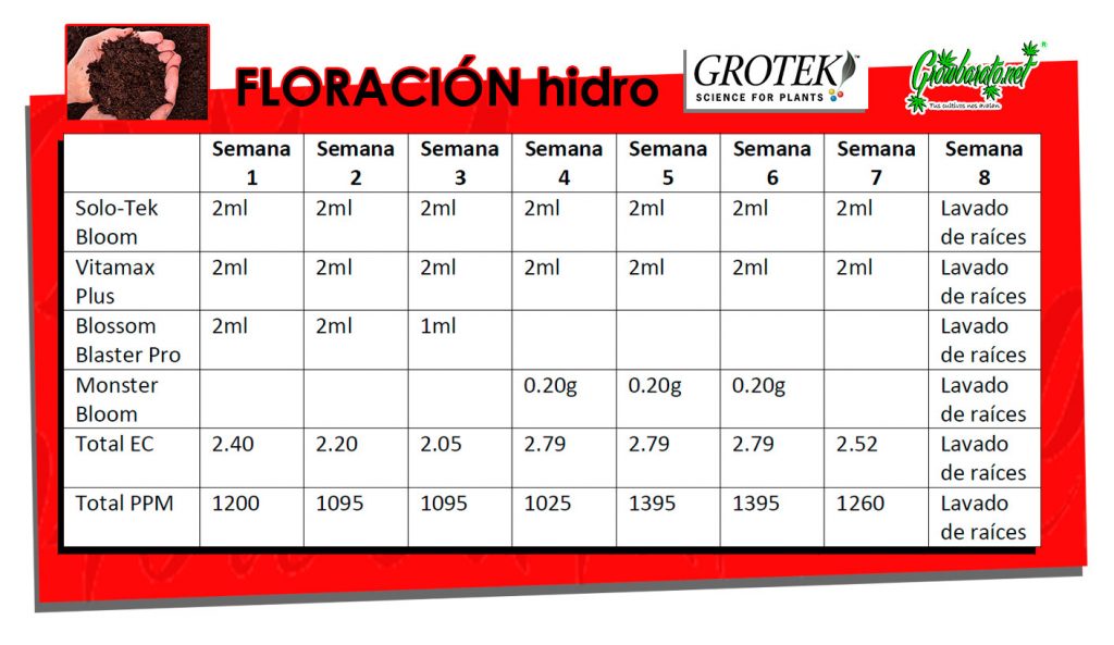 tabla cultivo hidroponía floracion